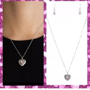 NWT Sparkling pink heart and white stone, silver tone necklace and earring